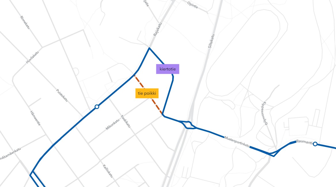 Linjan 74 poikkeusreitti kartalla.