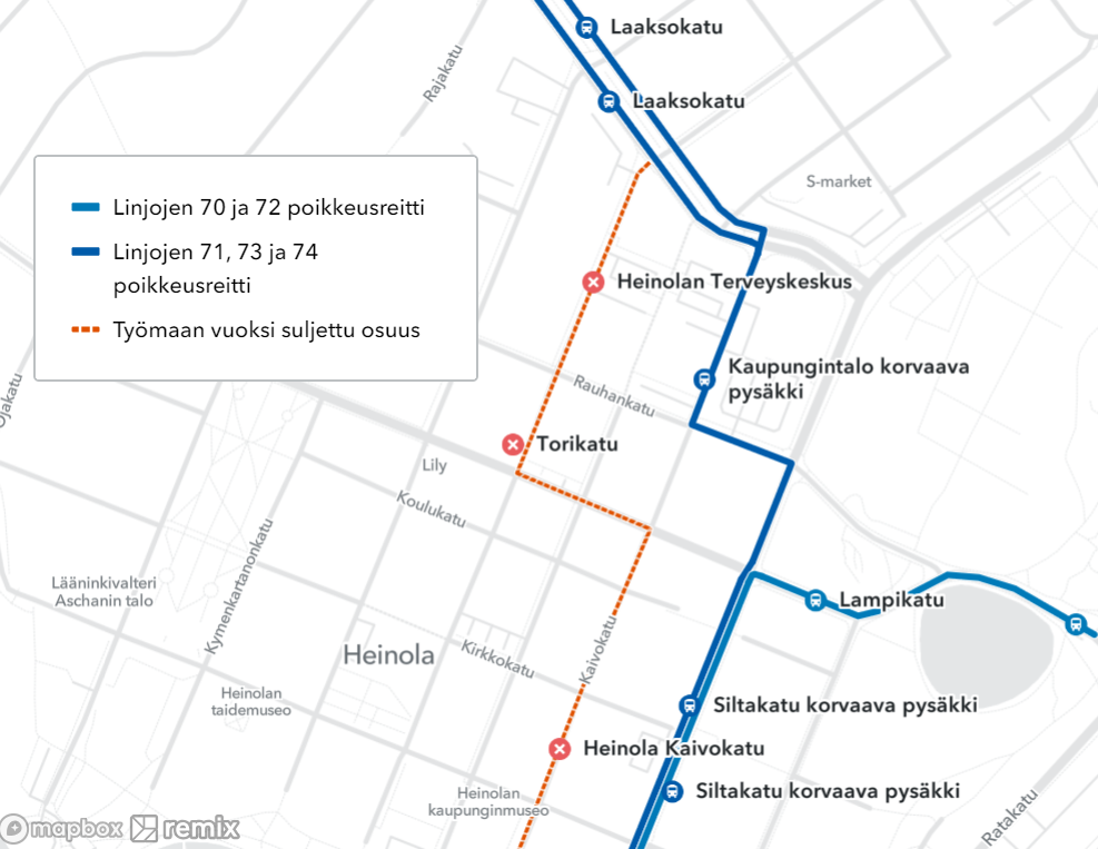 Poikkeusreitti kartalla.