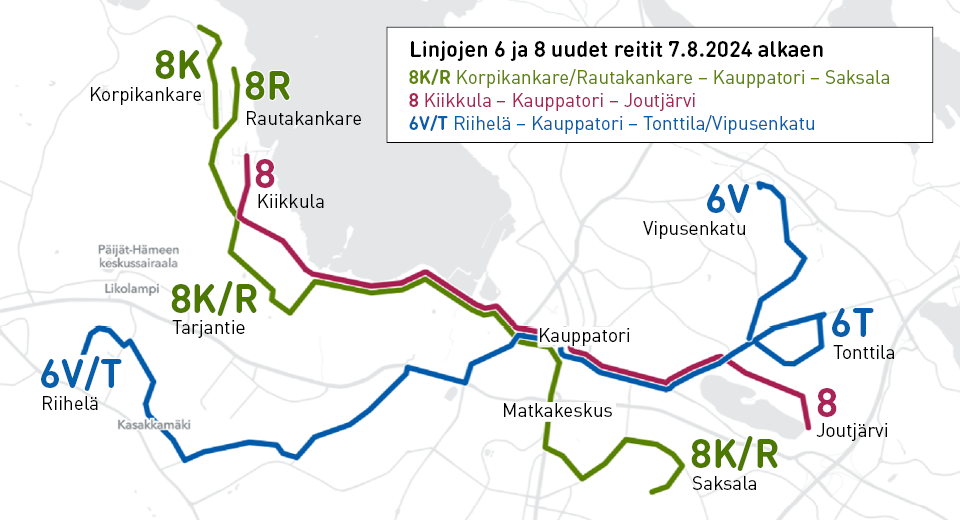 Linjojen 6 ja 8 uudet reitit kartalla.