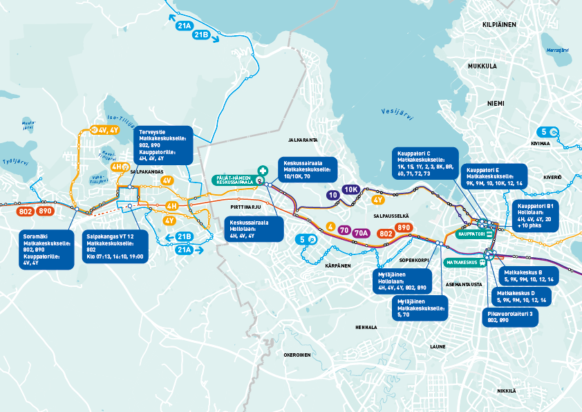 Hollolan ja Lahden välillä liikennöivät linjat ja pysäkit kartalla talvikaudella 2024-2025.