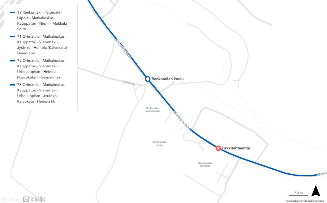 Pois käytöstä olevat pysäkit kartalla.