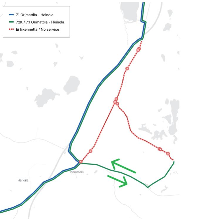 Vierumäen ja Myllyojan poikkeusreitti kartalla.