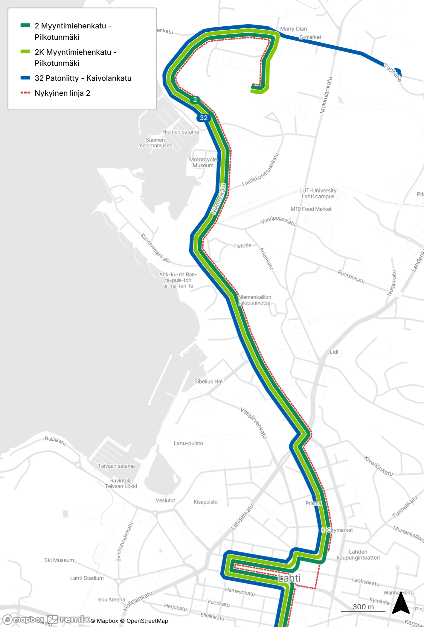 Linjojen 2, 2K ja 32 reitit Mukkulassa kartalla.