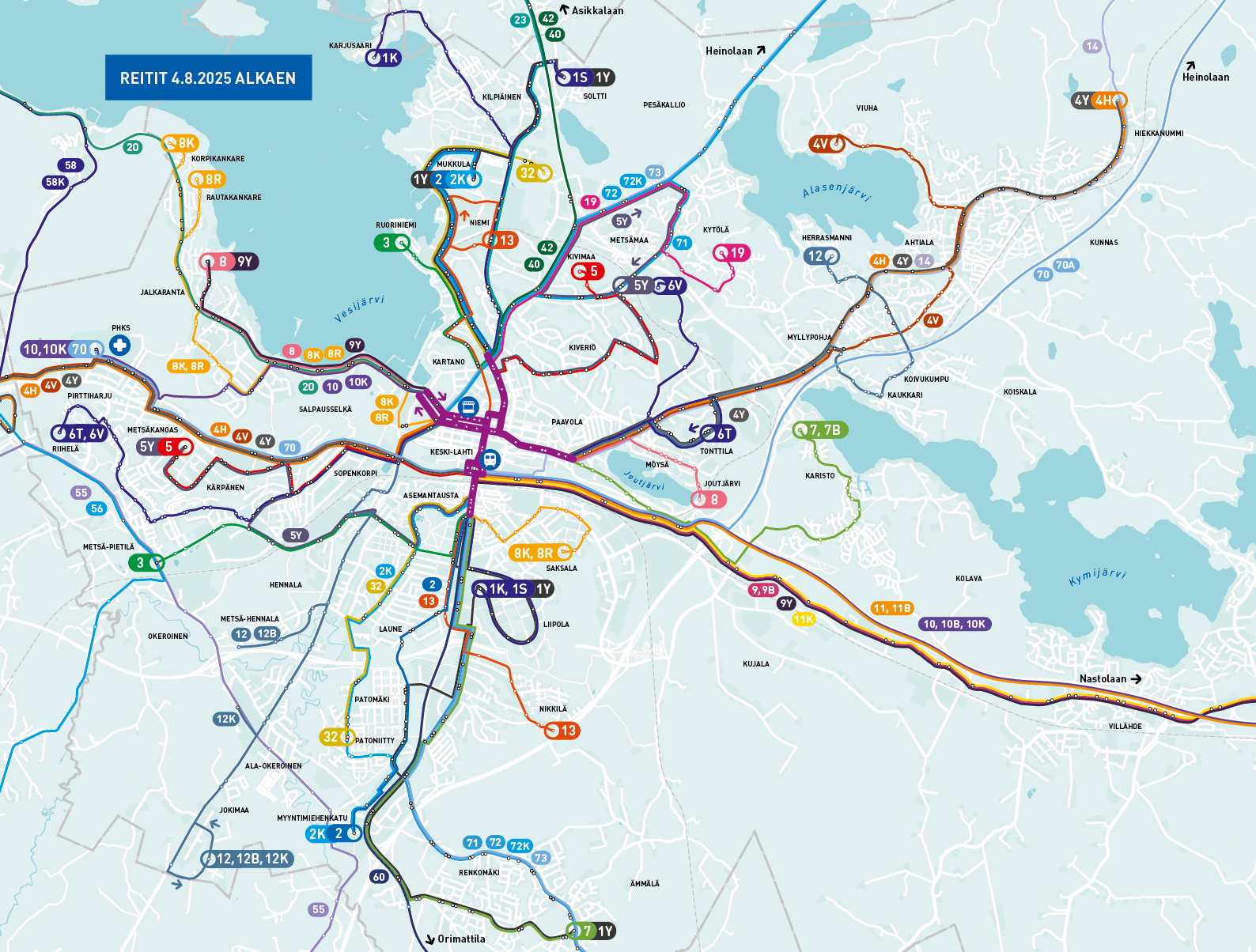 Lahden alueen bussilinjat kartalla.